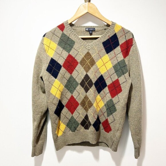 J.Crew 100% Lambswool V Neck Argyle Sweater Size Medium Premium Lambswool - Picture 1 of 10